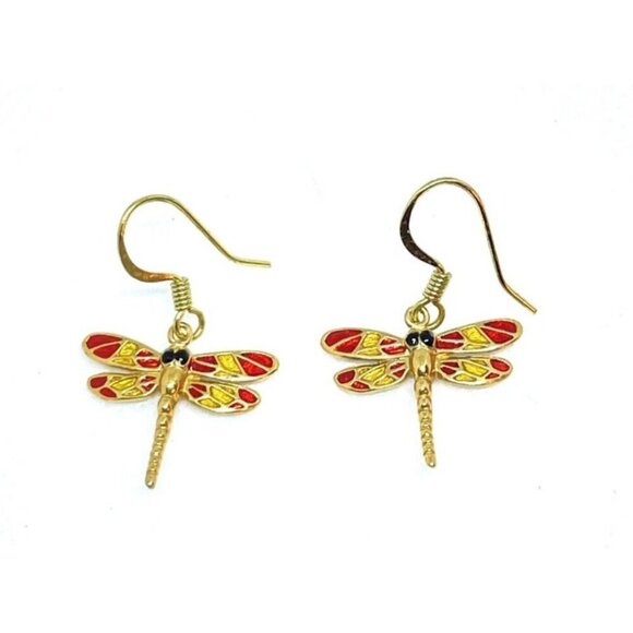 Multicolor Enamel Dragonfly Dangle Drop Earrings Hook Closure Gold Tone - Picture 1 of 4